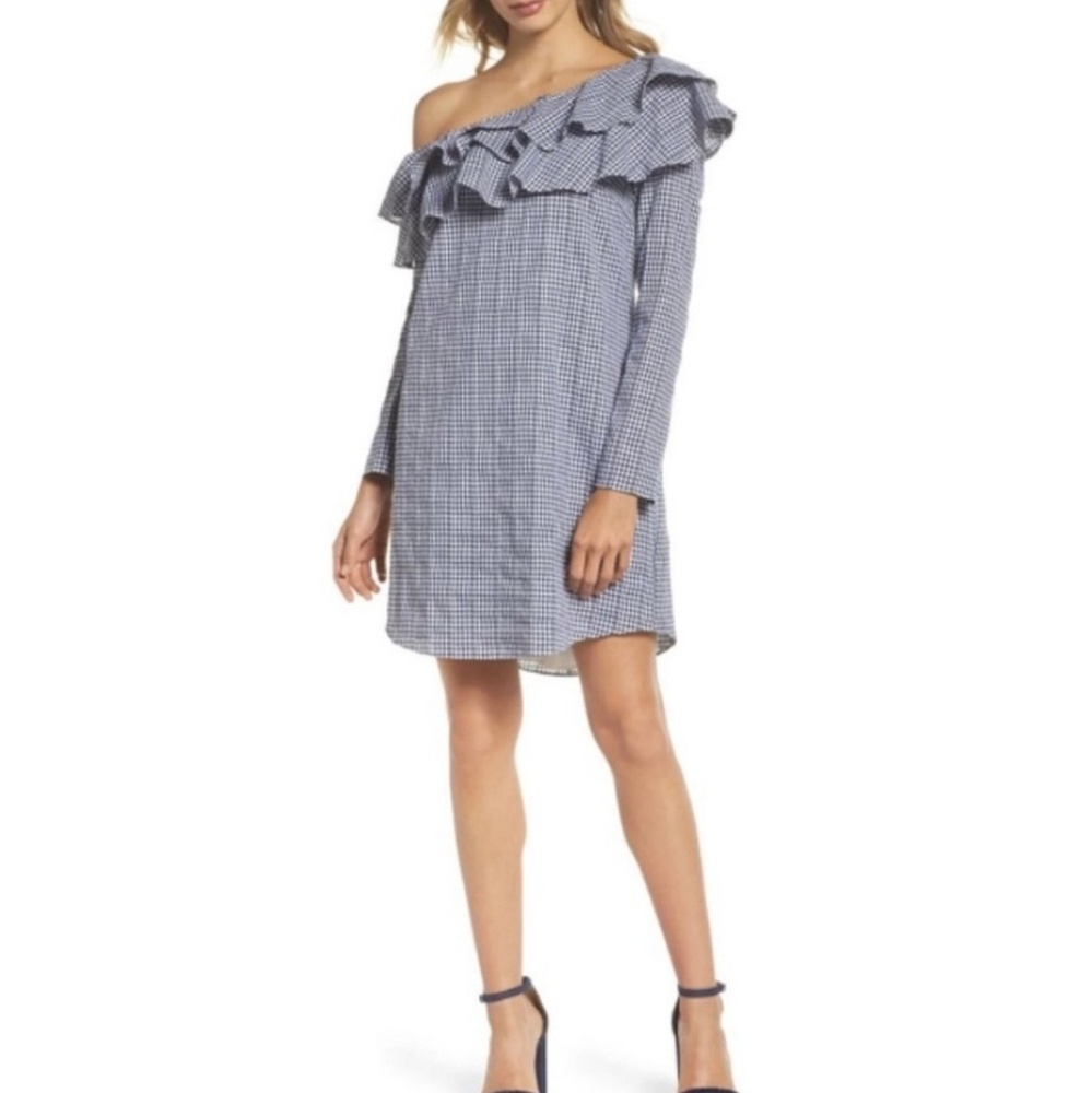Adelyn Rae One-Shoulder Gingham Shirt Dress